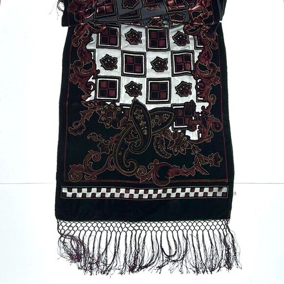 Dark Burgundy Scarf Shawl Burnout Velvet Silk Lined Fringes - Picture 2 of 14